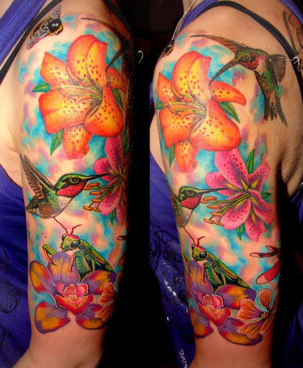 47-Flower-and-hummingbird-half-sleeve-tattoo