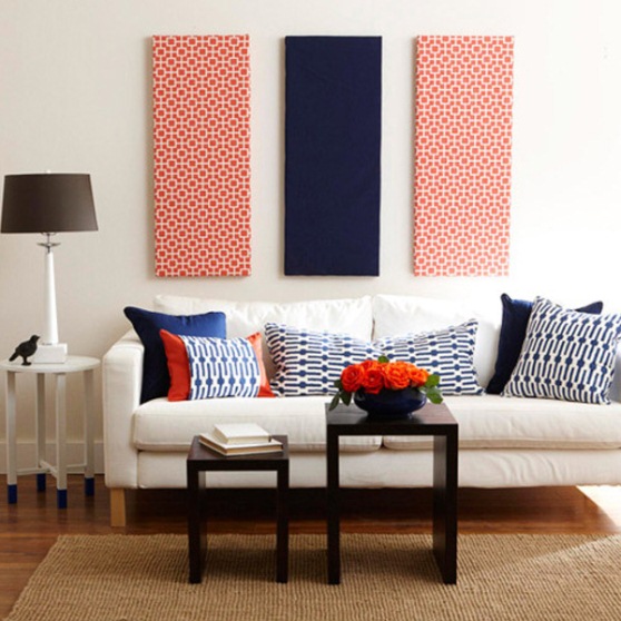 Patterned-navy-blue-and-red-fabric-panel-wall-art