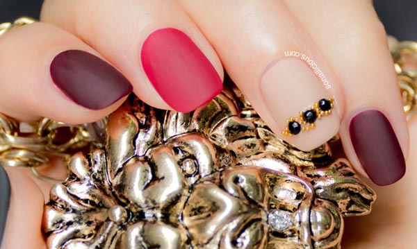 burgundy-red-beige-beads-matte-nails