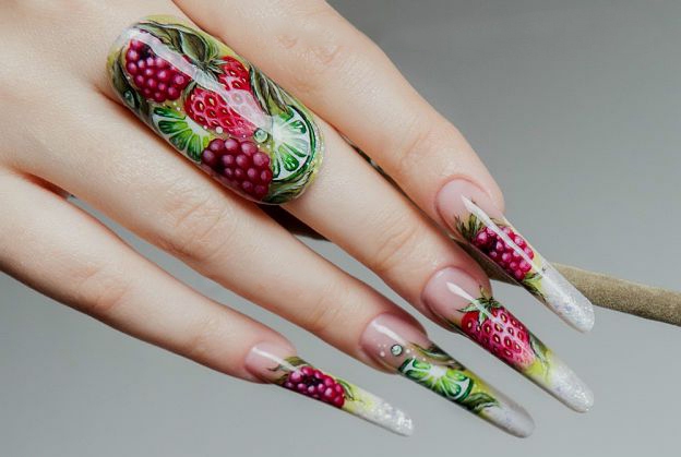 Berries and fruits on long nails